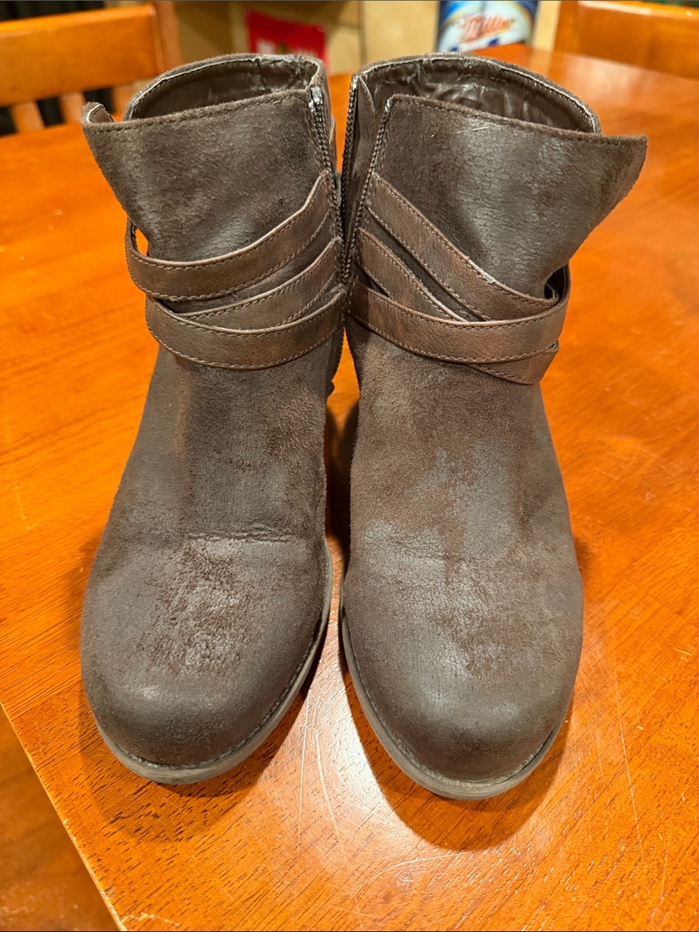 Crown Brown Suede Ankle Booties with Wrap Strap Detail